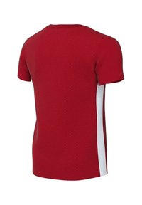 Rotes kurzärmliges Shirt mit strukturiertem Körper und weißen Seitenakzenten, entworfen mit einem runden Ausschnitt und einer figurbetonten Form.