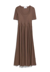 Brown cotton midi dress with short sleeves, a scoop neckline, and a fitted bodice. Flared skirt with pleats adds volume to the design.