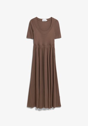 Braunes Baumwoll-Midikleid mit kurzen Ärmeln, einem runden Ausschnitt und einem figurbetonten Oberteil. Der ausgestellte Rock mit Falten verleiht dem Design Volumen.