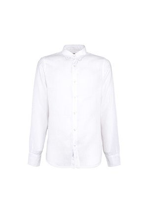 Camicia bianca a maniche lunghe con bottoni, colletto e polsini abbottonati, mostrata su uno sfondo bianco semplice.