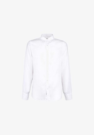 Camicia bianca a maniche lunghe con bottoni, colletto e polsini abbottonati, mostrata su uno sfondo bianco semplice.