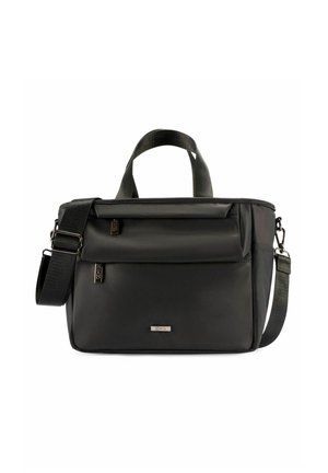 Czarna prostokątna torba na ramię z dwiema zamykanymi na suwak przegrodami, górnymi uchwytami oraz regulowanym, odpinanym paskiem.