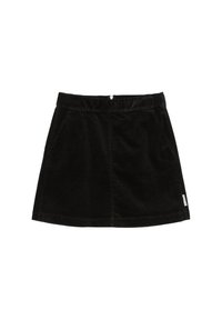 Falda de pana negra con cinturilla, dos bolsillos laterales y cierre de cremallera oculto en la parte posterior. Textura suave y forma acampanada.