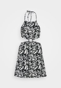 Schwarz-weißes Kleid mit floralem Muster, Halteroberteil mit Bindebändern und tailliertem Schnitt. Der Rock ist ausgestellt und knielang.