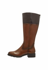 Brown leather knee-high boot with a smooth finish, featuring a dark brown synthetic upper, side zipper, and a low block heel.