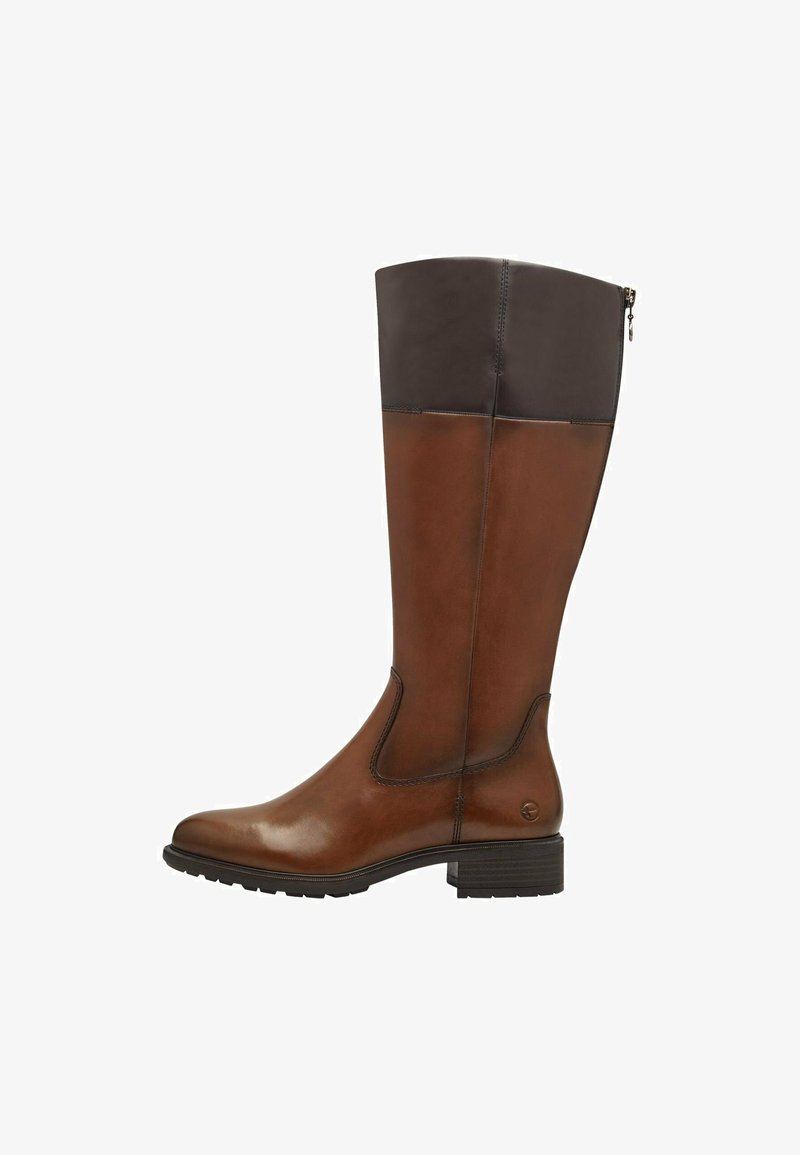 Brown leather knee-high boot with a smooth finish, featuring a dark brown synthetic upper, side zipper, and a low block heel.