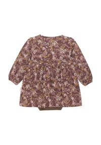 Lila blommig klänning med långa ärmar, prydd med ljusrosa och gula mönster, veckad midja och en fastsydd brun bodysuit under.