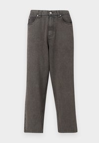 Grijze denim broeken met een recht gesneden ontwerp, voorzien van twee voorkeuzen, een bovenste knoop en subtiele stikdetails.