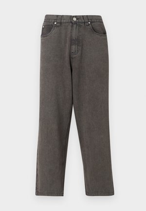 Grå denimbukser med rett ben-design, som har to forlommer, en toppknapp og subtile sømdetaljer.