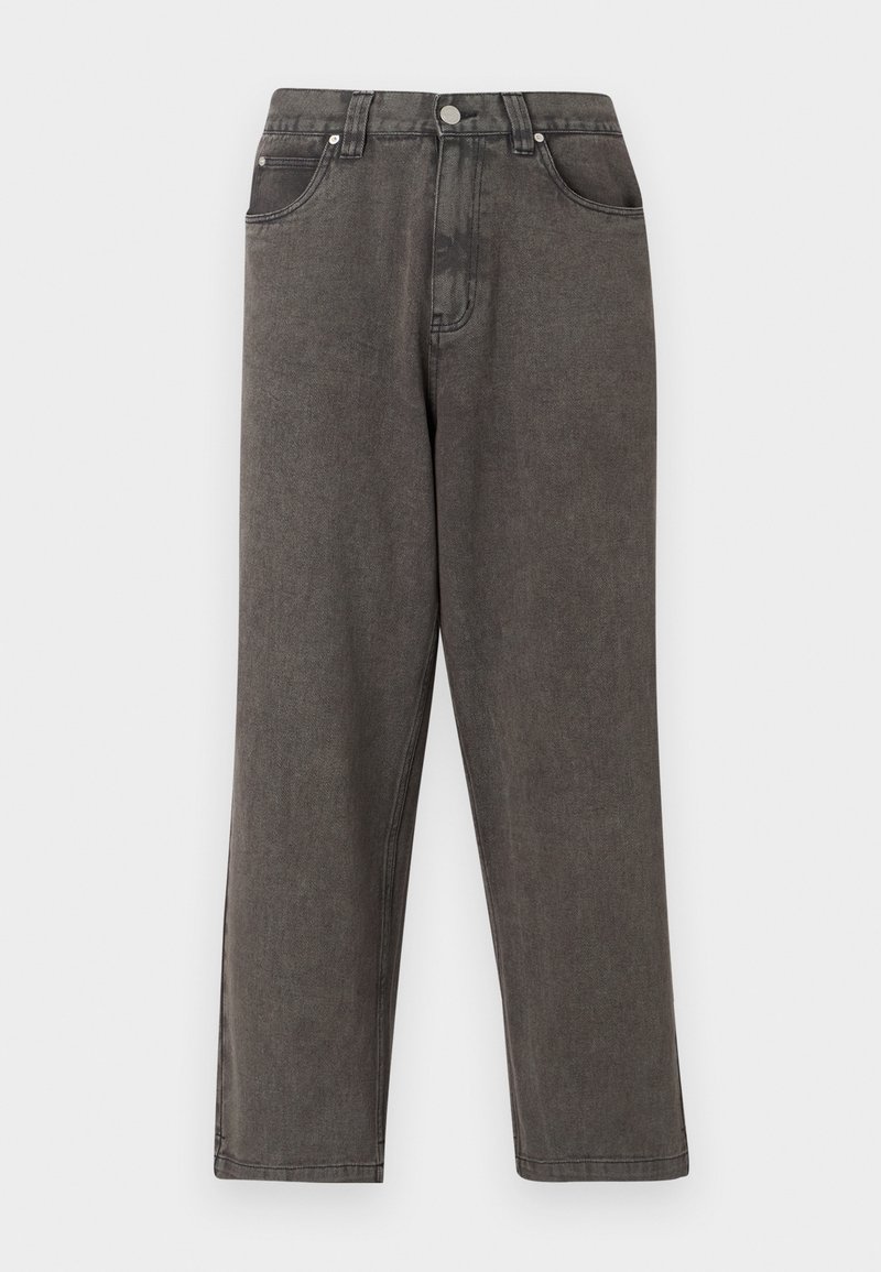 Grijze denim broeken met een recht gesneden ontwerp, voorzien van twee voorkeuzen, een bovenste knoop en subtiele stikdetails.