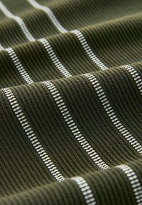 Gros plan sur un tissu côtelé vert olive avec des fines rayures horizontales blanches régulièrement espacées.