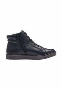 High-top sneakers in navy leather with a textured finish, featuring a side zipper, metal eyelets, and a cushioned sole.
