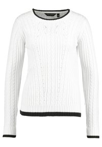 Biały dziergany sweter z fakturowanym wzorem warkocza, okrągłym dekoltem i długimi rękawami. Posiada czarną prążkowaną lamówkę przy kołnierzu i na dole.