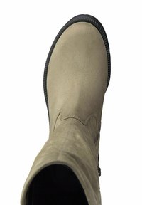 Gray suede ankle boot with a smooth texture, rounded toe, and a contrasting black rubber sole. Features a simple stitched design.