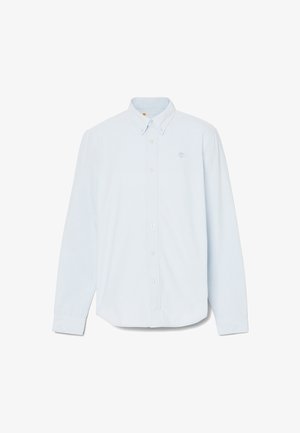 Camicia azzurro chiaro con bottoni, realizzata in cotone. Presenta un colletto, maniche lunghe, chiusura a bottone e un piccolo logo sul petto.