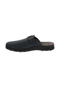 Zoccoli blu scuro slip-on con cinturino regolabile e suola nera testurizzata, progettati per uso interno o casual.