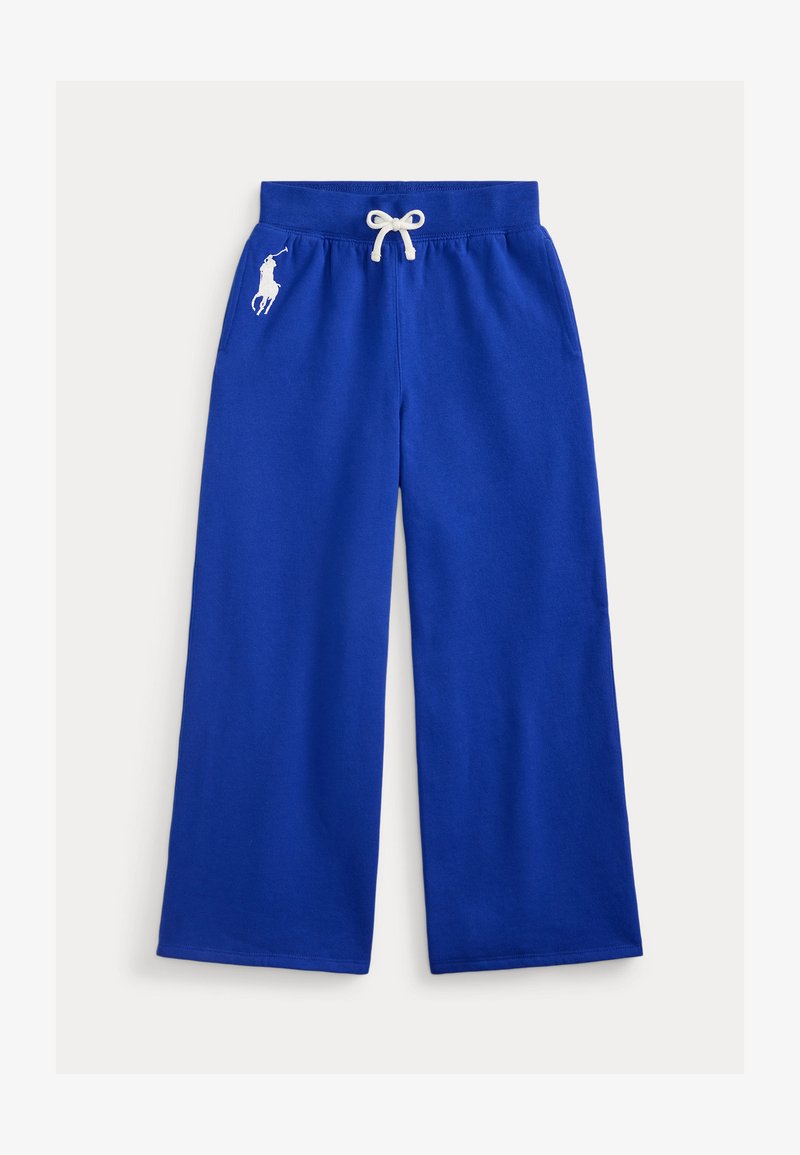 Μπλε φαρδιές φόρμες με κορδόνι στη μέση, με λευκό κεντημένο λογότυπο στην αριστερή πλευρά και εμπρόσθιες τσέπες.
