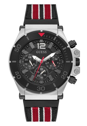 Men's watch with a black metal case, black dial, silver hour markers, red accents, and a striped fabric strap in black, white, and red.