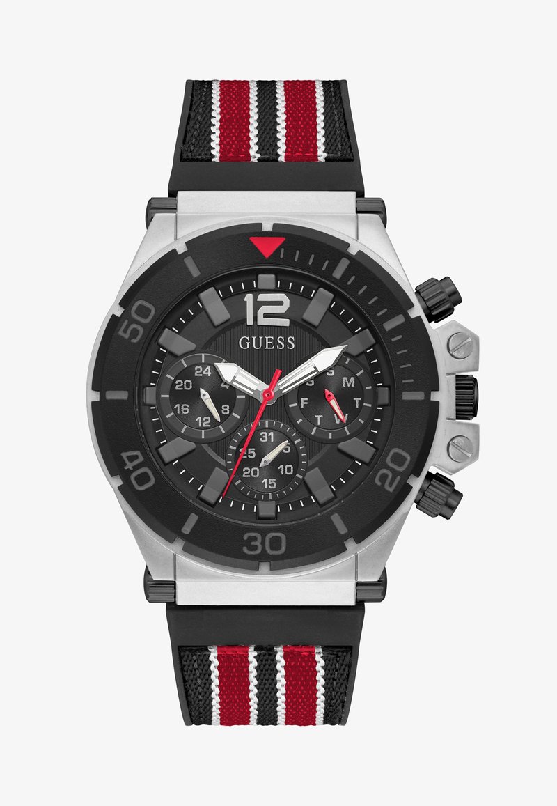 Herrenarmbanduhr mit schwarzem Metallgehäuse, schwarzem Ziffernblatt, silbernen Stundenmarkierungen, roten Akzenten und einem gestreiften Stoffarmband in Schwarz, Weiß und Rot.