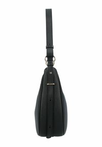 Sac à bandoulière en cuir noir texturé avec une forme triangulaire mince, une sangle réglable et des accents en métal. Vue de côté.