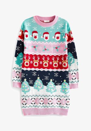 Enfant portant un pull de Noël coloré avec des visages du Père Noël, des rennes, des flocons de neige, du houx et des arbres décorés en rouge, rose, bleu et vert.