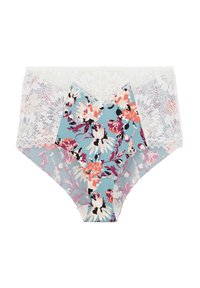 Culottes florales taille haute en tissu bleu avec des fleurs roses et blanches, agrémentées d'une bordure en dentelle blanche le long de la taille.