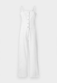Mono de mezclilla blanca con pantalones anchos, escote cuadrado y tirantes ajustables. Presenta cinco botones en el frente y bolsillos laterales.