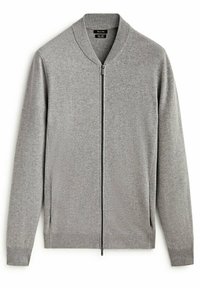 Szary sweter rozpinany na guziki z prążkowanym kołnierzem, pełnym zamkiem z przodu, kieszeniami bocznymi i fakturowaną tkaniną. Prosty krój z długimi rękawami.