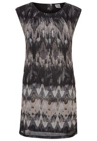 Vestido sin mangas en negro y beige con patrones abstractos, con escote redondo y corte suelto. Tejido suave y ligero con un drapeado fluido.