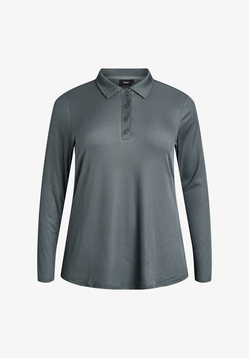 Tamsiai pilkos spalvos ilgomis rankovėmis polo marškiniai, su tekstūruotu audiniu, apykakle ir keturiais sagų užsegimais priekyje.