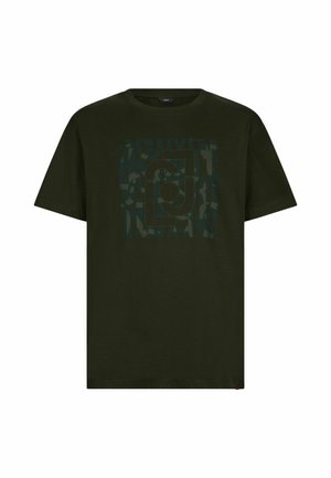 Olijfgroene T-shirt van katoen, met een centraal grafisch ontwerp in donkere tinten, een ronde halslijn en korte mouwen.