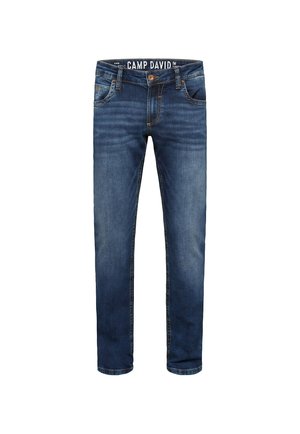Dark blue denim jeans with a straight cut, five-pocket design, contrasting stitching, and a CAMP DAVID logo on the waistband.