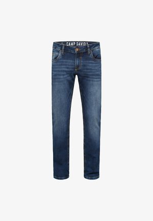 Dunkelblaue Denim-Jeans mit geradem Schnitt, Fünf-Taschen-Design, kontrastierendem Nähten und einem CAMP DAVID-Logo am Bund.