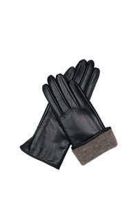 Pár černých kožených rukavic s viditelným šitím a šedými pletenými manžetami, umístěných zkříženě na bílém pozadí.