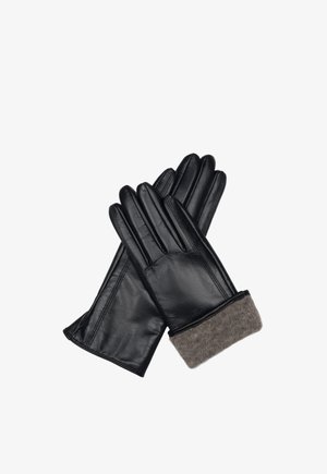 Pair of black leather gloves with visible stitching and gray knit cuffs, positioned crossed on a white background.