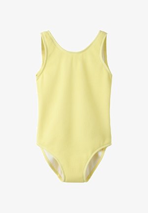 Maillot de bain une pièce jaune nervuré avec larges bretelles et encolure dégagée, adapté aux enfants.