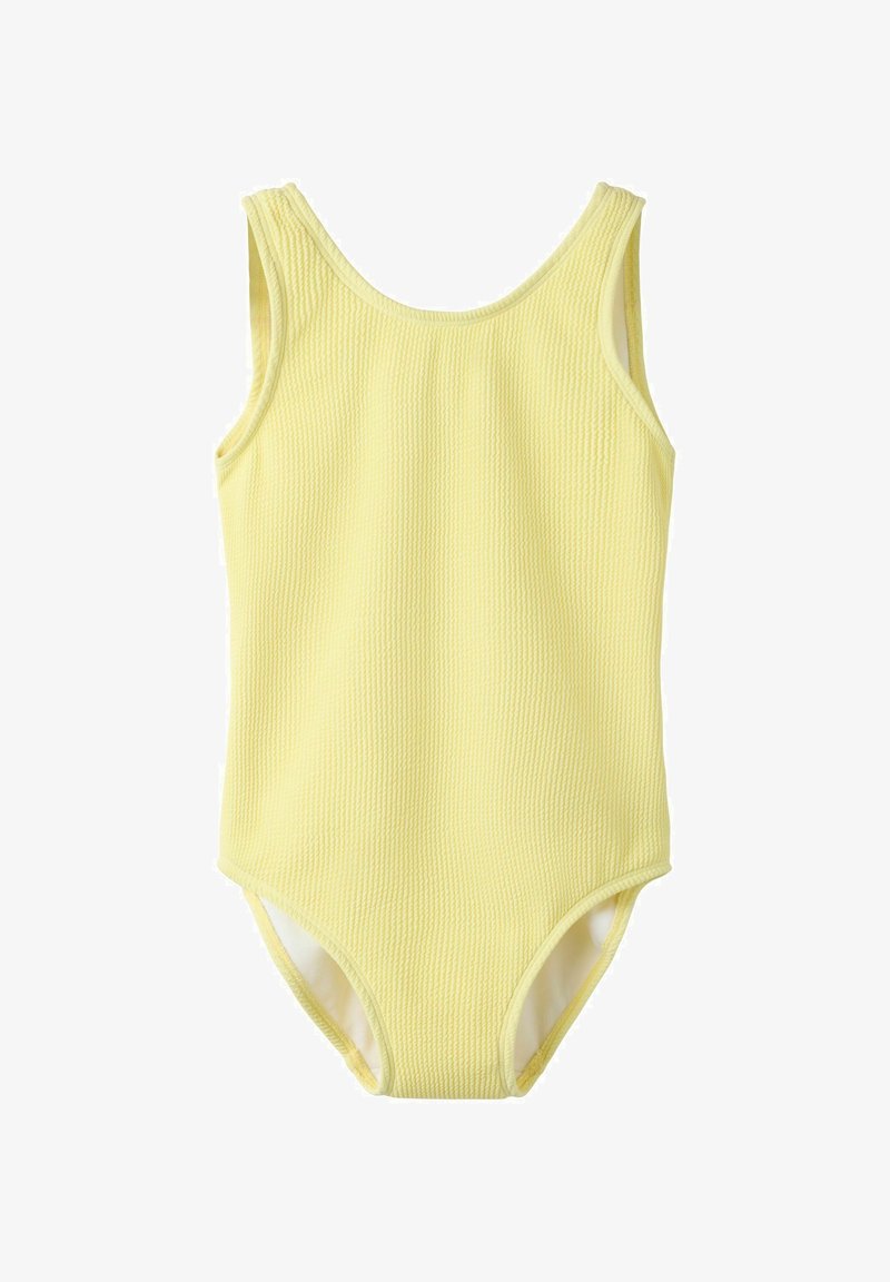 Maillot de bain une pièce jaune nervuré avec larges bretelles et encolure dégagée, adapté aux enfants.