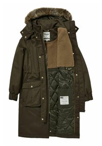 Dark brown parka coat with a faux fur-lined hood, quilted lining, and two front pockets. Features a zip and snap closure. Soft, textured interior.