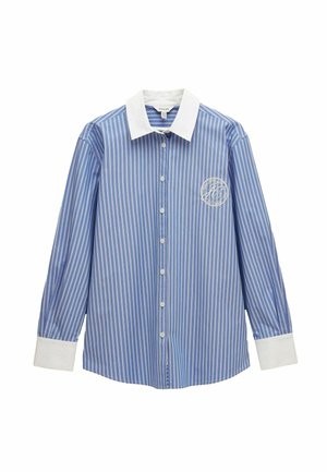 Blue and white striped long-sleeve shirt with a white collar, buttons down the front, and a circular logo on the left chest.