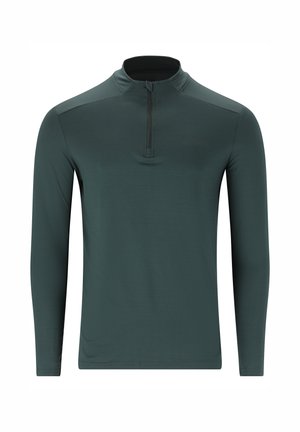 Langärmliger Pullover in Dunkelgrün, aus einem glatt dehnbaren Stoff gefertigt. Verfügt über einen Reißverschluss am Hals und enganliegende Ärmel.
