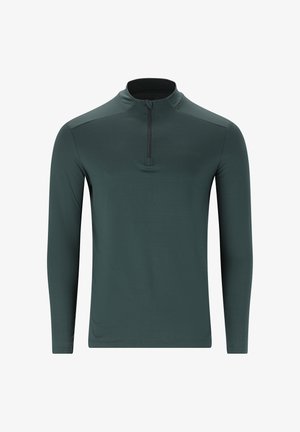 Tummanvihreä pitkähihaista neulepuseroa, joka on valmistettu sileästä ja joustavasta kankaasta. Varustettu vetoketjulla olevalla kaula-aukolla ja tiukasti istuvilla hihoilla.