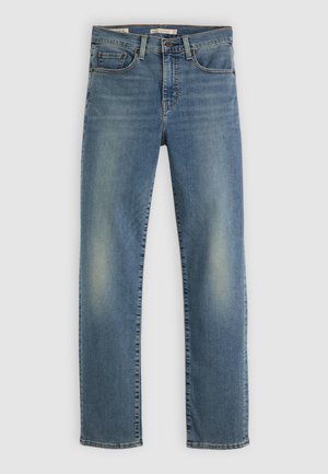 Jeans in denim blu con vestibilità dritta, leggera scoloritura vicino alle ginocchia, design a cinque tasche, accessori in ottone e vita classica.