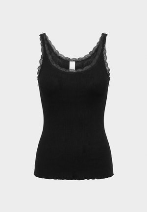 Black ribbed tank top with lace trim around neckline and armholes, sleeveless, fitted silhouette, and scalloped hem.