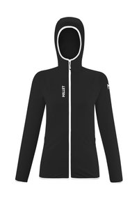 Schwarze Kapuzenjacke mit durchgehendem Reißverschluss vorne und weißen Akzenten. Verfügt über eine taillierte Passform mit langen Ärmeln und minimalistischer Markenkennzeichnung auf der Brust.