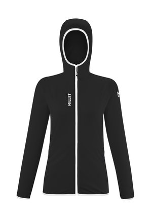 Black hooded jacket with a full front zipper and white accents. Features a fitted design with long sleeves and minimalist branding on the chest.