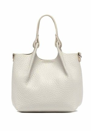 Sac fourre-tout en cuir blanc texturé doux avec double poignée et une silhouette légèrement molle et spacieuse.