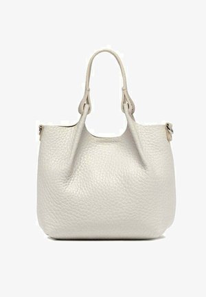 Zachte witte gestructureerde leren tas met dubbele handvatten en een licht slappe, ruime body.