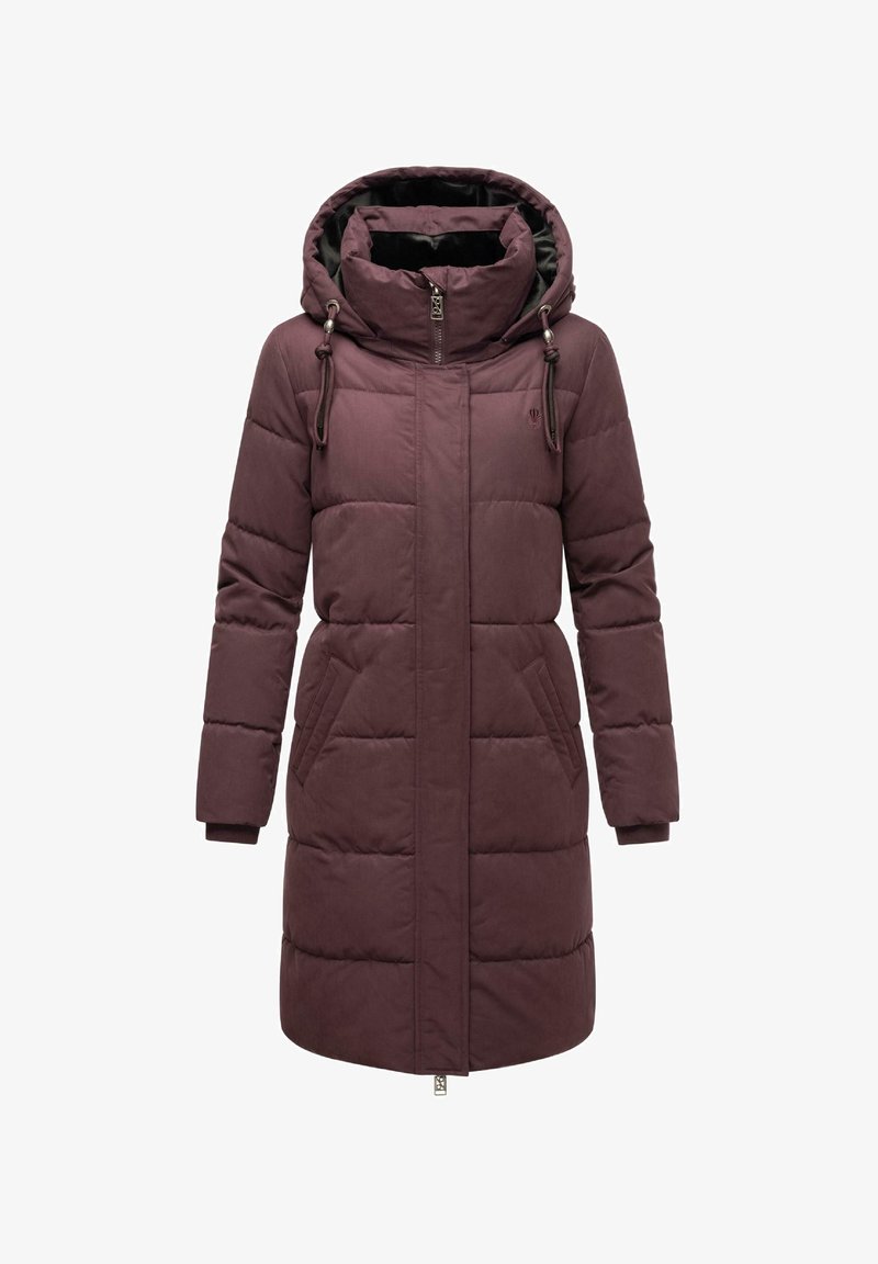 Maroon pufasta jakna s kapuljačom, s patentnim zatvaračem, bočnim džepovima i elastičnim manžetama. Izrađena od teksturiranog, izoliranog materijala.