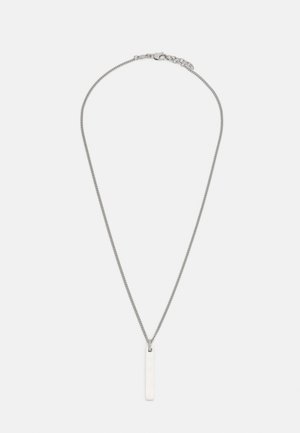 Silver chain necklace featuring a rectangular pendant with a smooth, polished surface. The chain has a textured design for added detail.