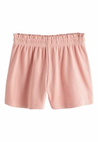 Shorts en maille côtelée rose avec taille élastique et coupe décontractée.